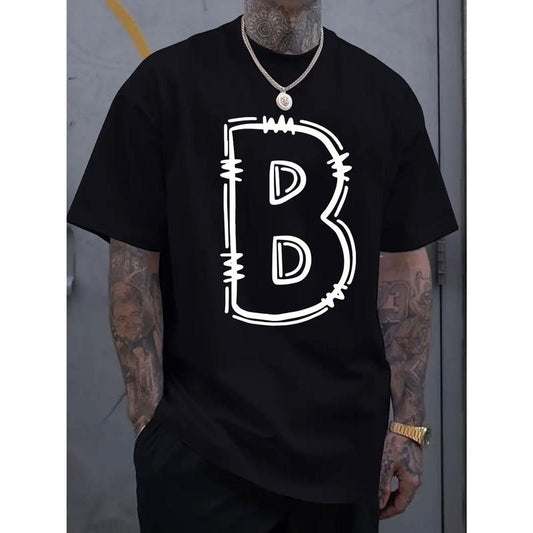 Simple and fashionable men's round neck short sleeved T-shirt with B-letter print, comfortable and breathable casual...