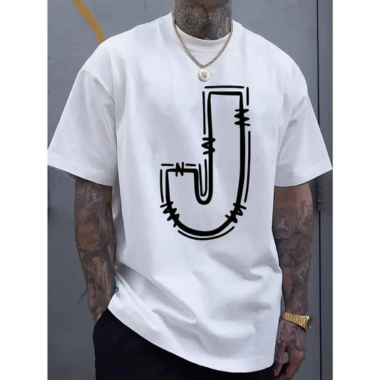 Simple and stylish J-letter printed men's round neck short sleeved T-shirt, comfortable and breathable casual sports top...