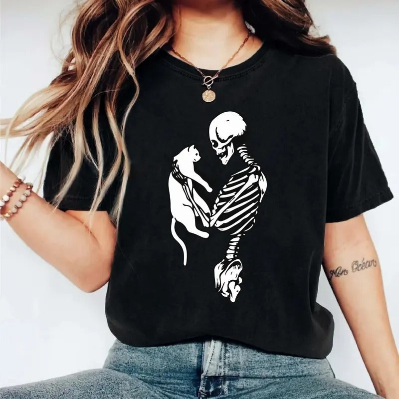 Skeleton And Cat T-Shirt, Skeleton Holding Cat Shirt, Spooky Cat Tee, Cat Owner Gift Tee, Halloween Cat Shirt, Halloween...