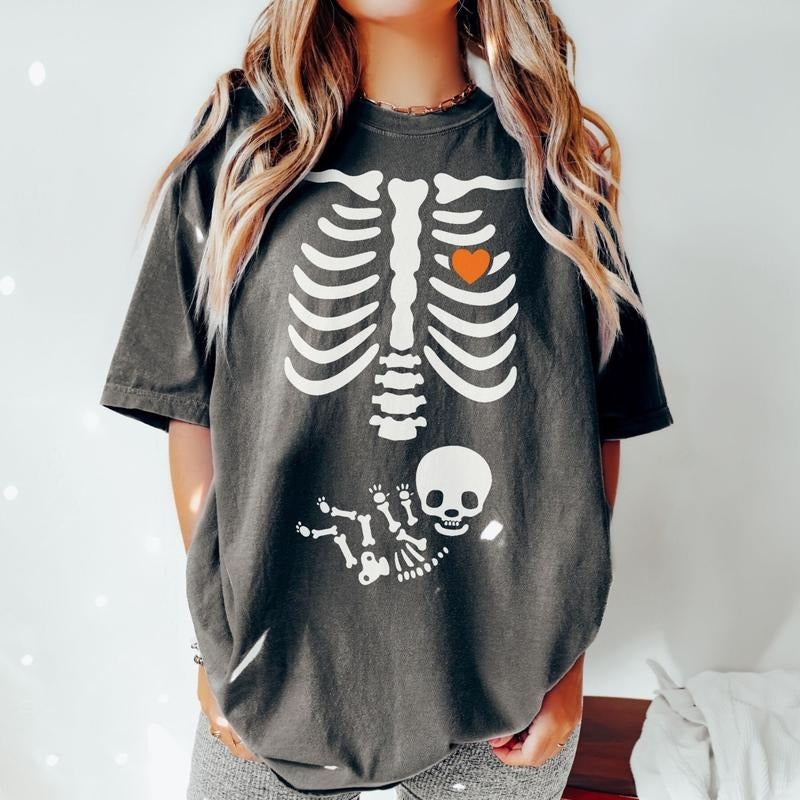 Skeleton Halloween Maternity Shirt, Funny Pregnancy Announcement TShirt, Spooky Pregnant Costume, New Mommy Tee, Fall Mama to Be Gift