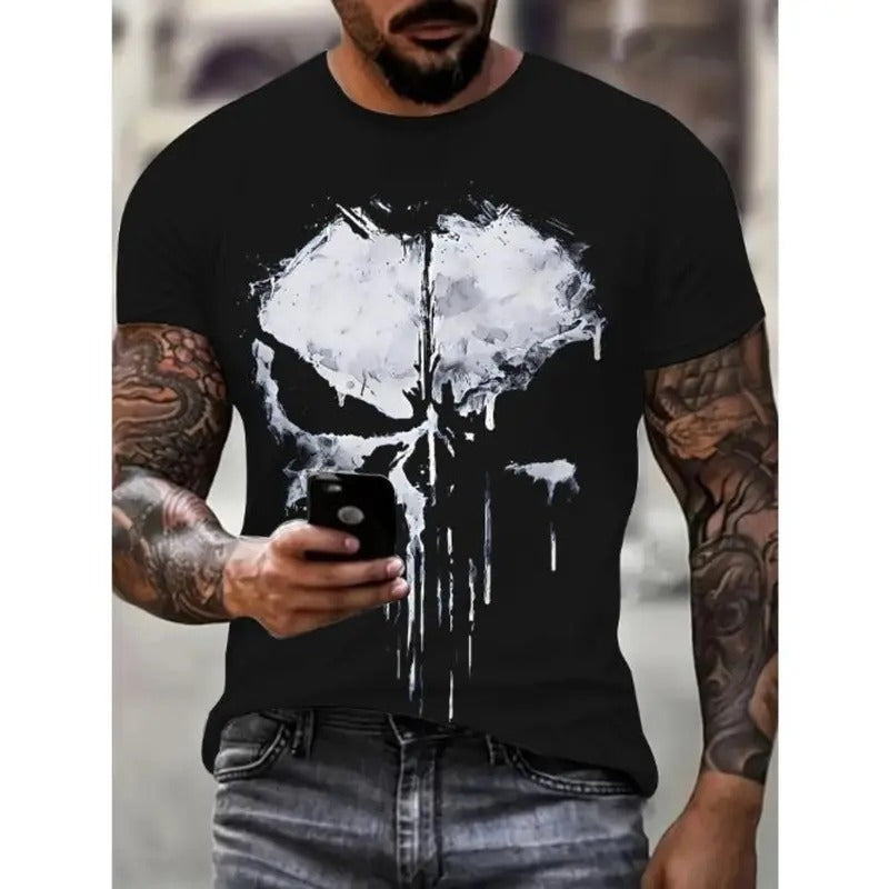 Skull Graphic 3D Print Crew Neck Tee - Men's Short Sleeve T-Shirts - Comfortable, Versatile, Casual, Trendy Summer Top for Outdoor Street Wear with Daily Ease Made in USA
