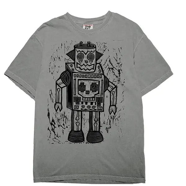Skull Robot  Woodblock Hand-Printed T-Shirt Cotton Menswear Top Graphics