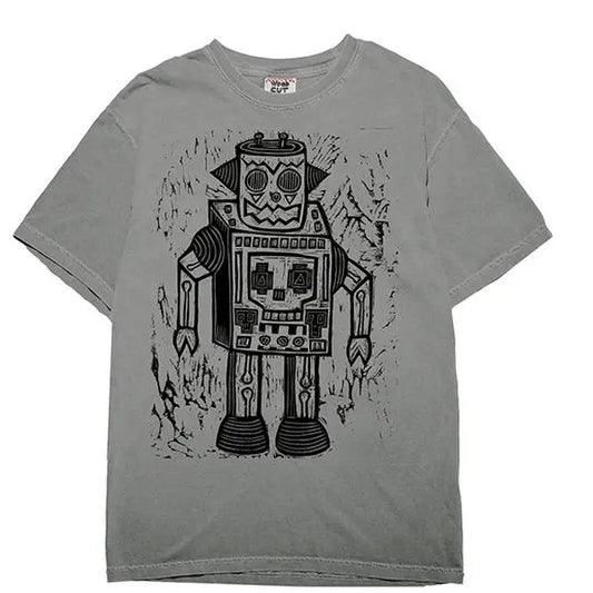 Skull Robot  Woodblock Hand-Printed T-Shirt Cotton Menswear Top Graphics