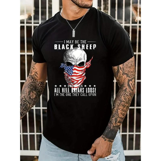 Skull With American Flag Pattern Mask & Slogan Print Men's Slight Stretch T-shirt, Graphic Tee Men's Summer Clothes, Men's Outfits Made in USA