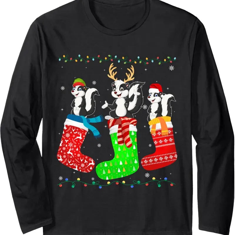 Skunk in Xmas Socks Funny Holiday Ugly Sweater Christmas Long Sleeve T-Shirt Hoodie, Sweatshirt | InkThreadWorks.com