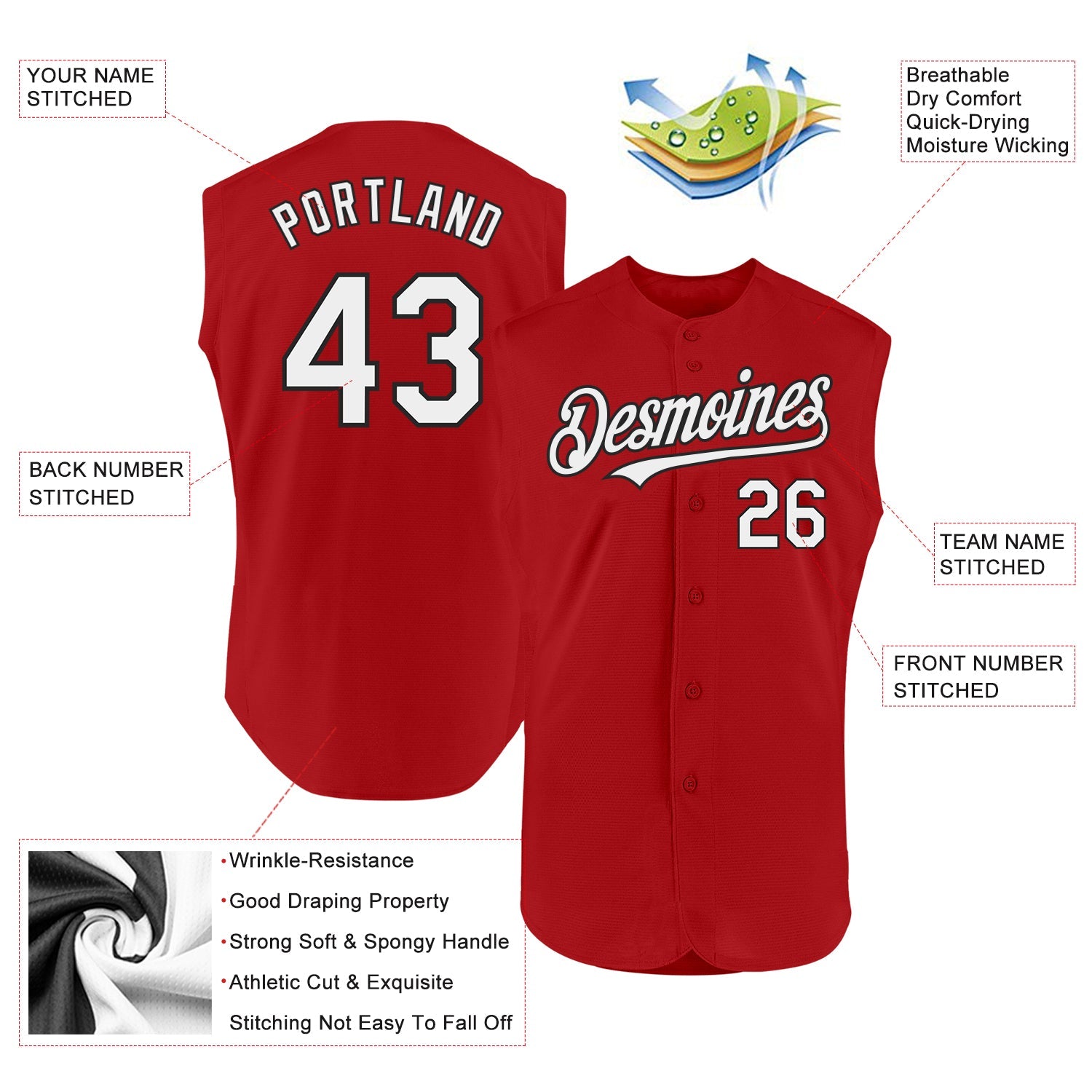 Custom Red White-Black Authentic Sleeveless Baseball Jersey