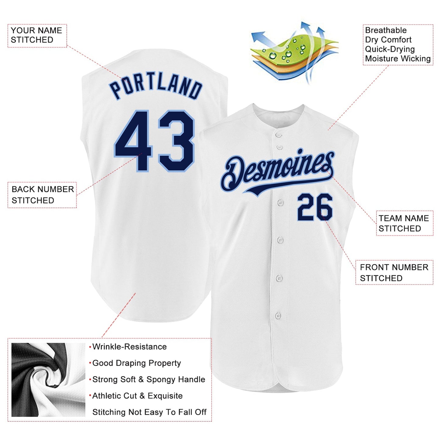 Custom White Navy-Light Blue Authentic Sleeveless Baseball Jersey