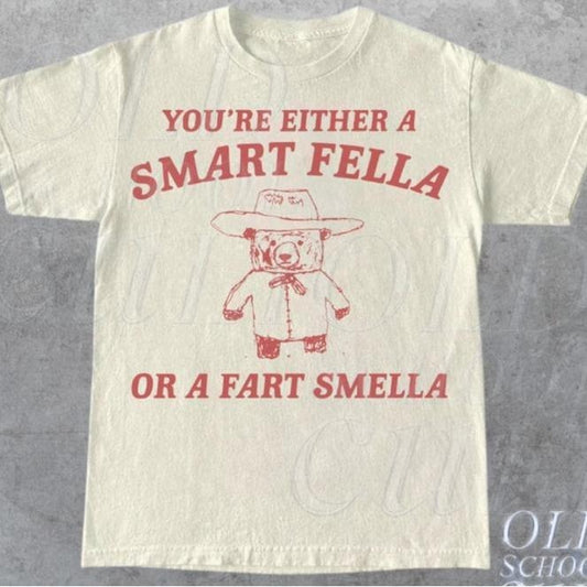 Smart Fella or Fart Smella: Vintage-Style T-Shirt DRG with Retro Cartoon, Quirky Meme, Panda Print