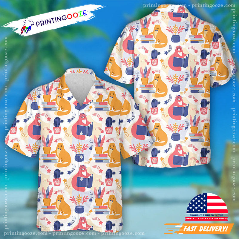 Smart Pink And Orange Cat Reading A Book Hawaiian Shirt