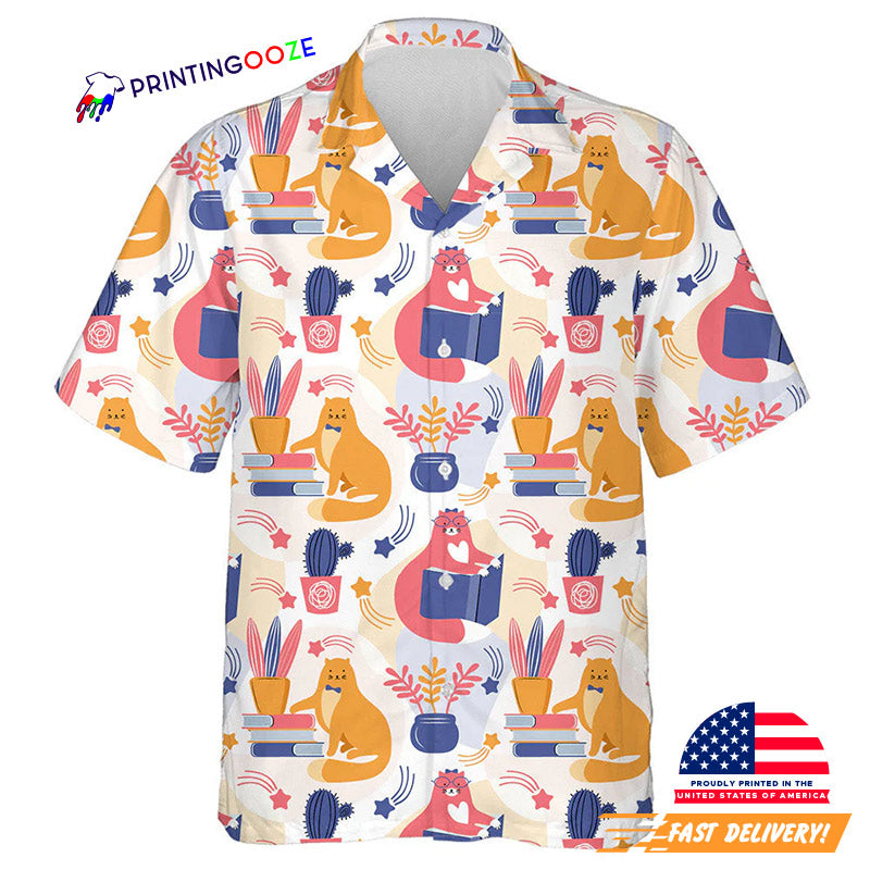 Smart Pink And Orange Cat Reading A Book Hawaiian Shirt