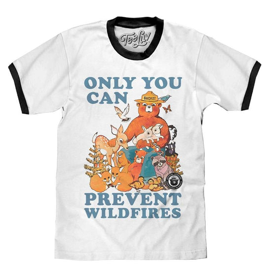 Smokey Bear Only You Can Prevent Wildfires Ringer T-Shirt - White and Black Hoodie, Sweatshirt | InkThreadWorks.com