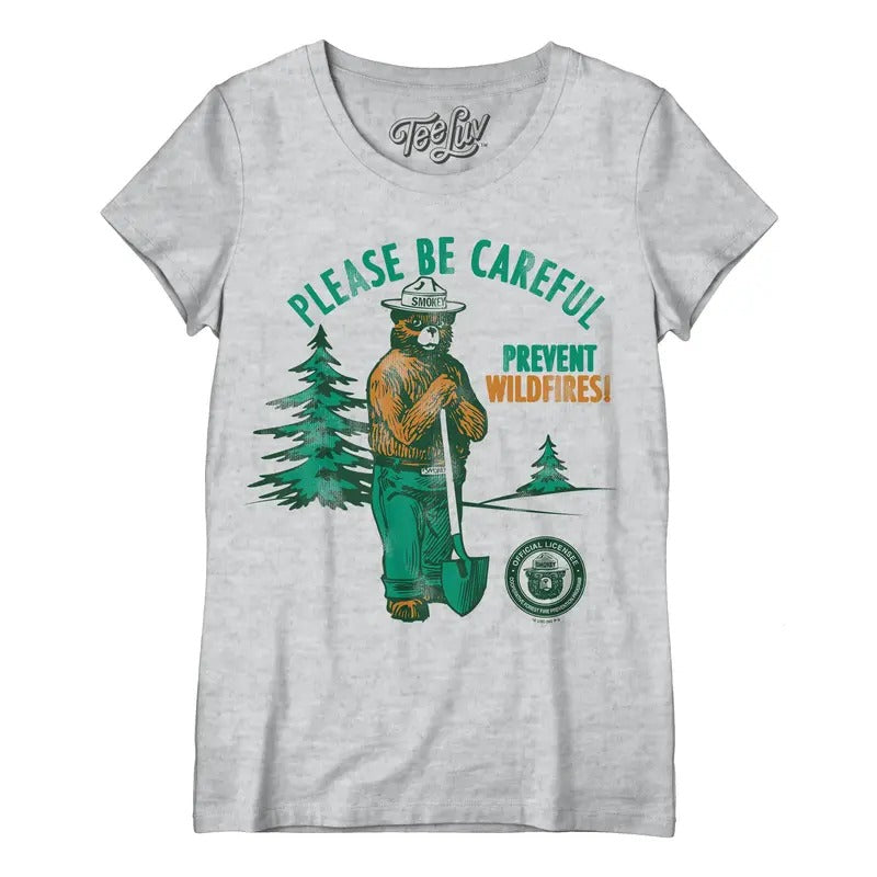 Smokey Bear Please Be Careful Prevent Wildfires  Women's Scoopneck T-Shirt - Gray Hoodie, Sweatshirt | InkThreadWorks.com
