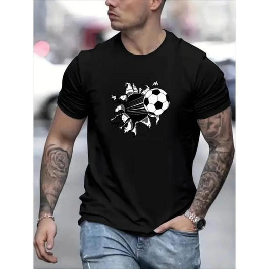 Soccer Graphic Print Men's Creative Top, Casual Short Sleeve Crew Neck T-shirt, Men's Clothing For Summer Outdoor Made in USA