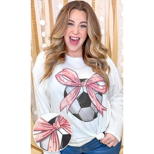 Soccer Pink Bow Rhinestone Graphic Long Sleeve Shirt