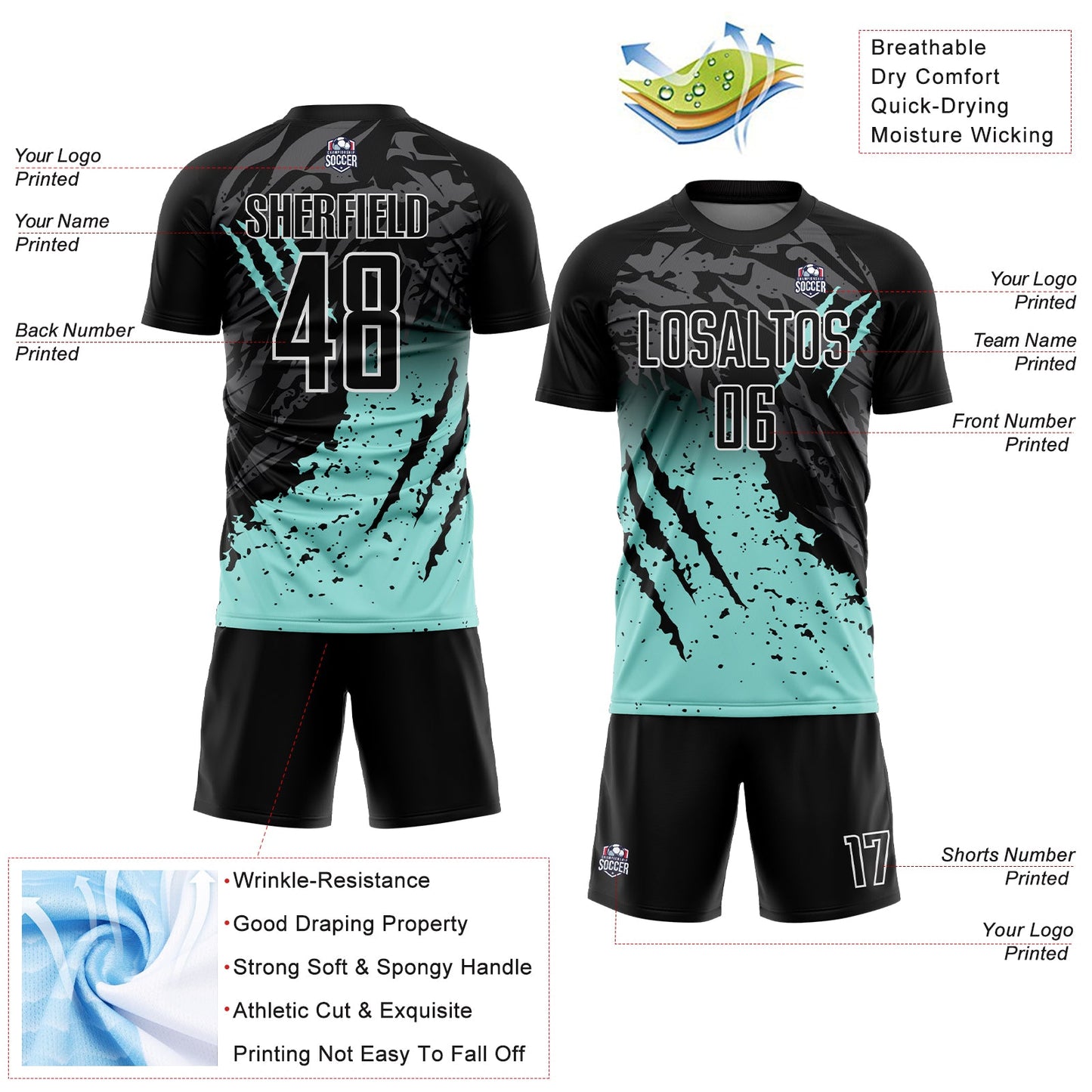 Custom Black Ice Blue-White Gradient Scratch Splash Sublimation Soccer Uniform Jersey