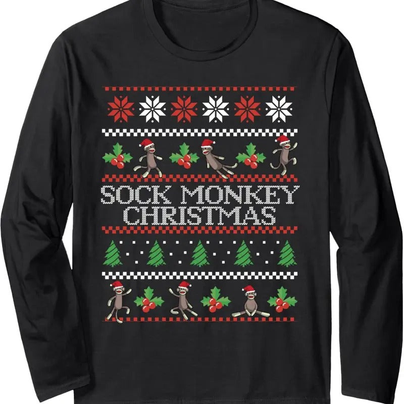 Sock Monkey Christmas Ugly Christmas Sweater Long Sleeve T-Shirt Hoodie, Sweatshirt | InkThreadWorks.com