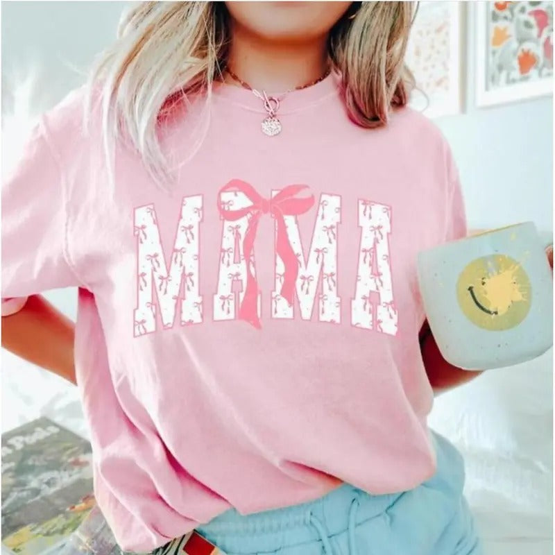 Soft Mama Tee Shirt, Coquette Pink Bow T-Shirt, Mother's Day Gift, Coquette Mama Ribbon Tshirt, Trendy Mom Shirt,...