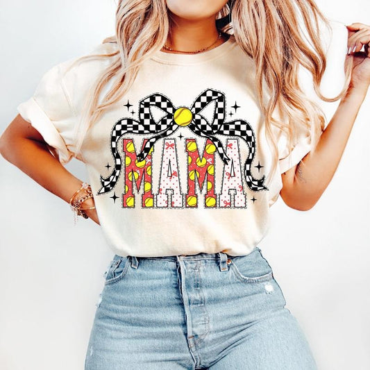 Softball Mama T-Shirt, Softball Coquette T-Shirt, Game Day T-Shirt, Softball Bow T-Shirt, Checkered Softball Mom T-Shirt,...