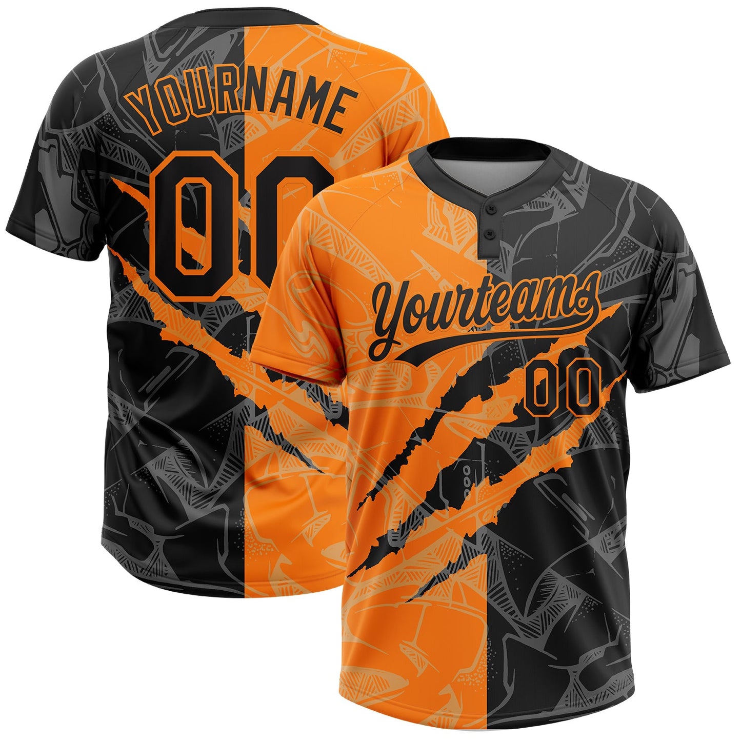 Custom Graffiti Pattern Black-Bay Orange 3D Scratch Two-Button Unisex Softball Jersey