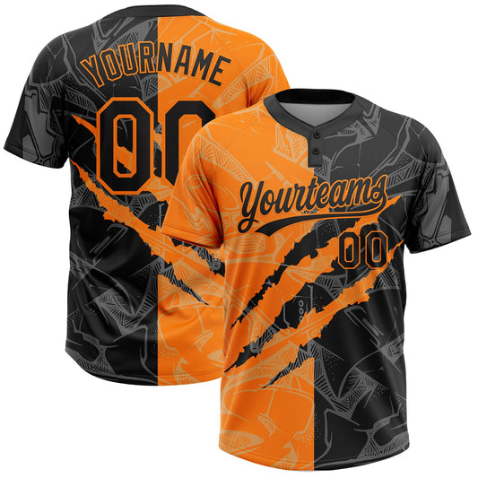 Custom Graffiti Pattern Black-Bay Orange 3D Scratch Two-Button Unisex Softball Jersey