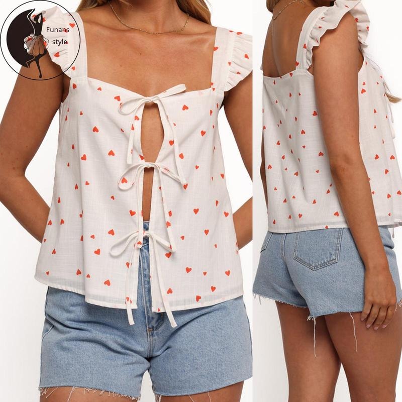 Women Casual Shirts Heart Print/Solid Color Fly Sleeve Tie-Up Front Blouses Summer Fashion Tops Hoodie, Sweatshirt