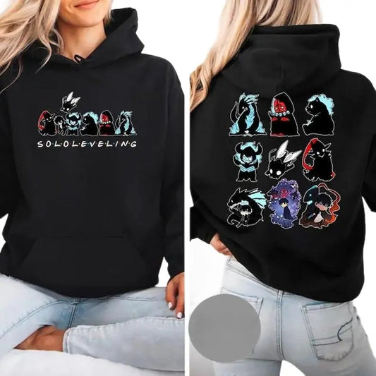 Solo Leveling Chibi Graphic Hoodie Double-sided, Anime Manga Graphic Pullover Hoodie Cotton