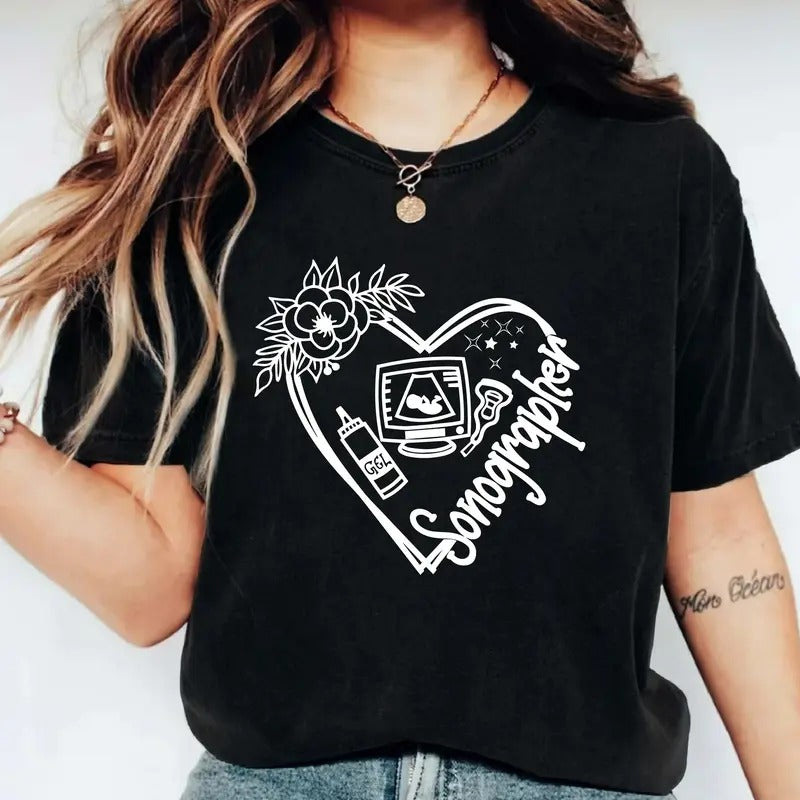Sonographer T-Shirt, Ultrasound Tech Shirt, New Sonography Student Gift Tee, Floral Heart Ultrasound Tee. Hoodie, Sweatshirt