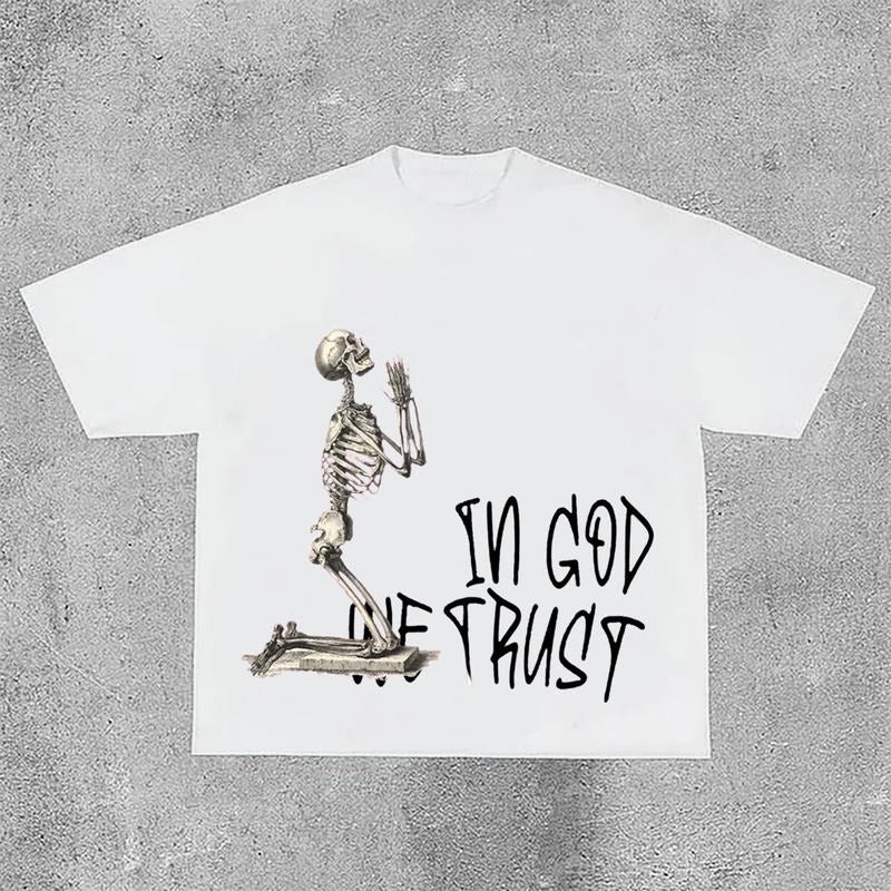 Sopula In God We Trust Letters Skull Print Short Sleeve T-Shirt Hoodie, Sweatshirt | InkThreadWorks.com
