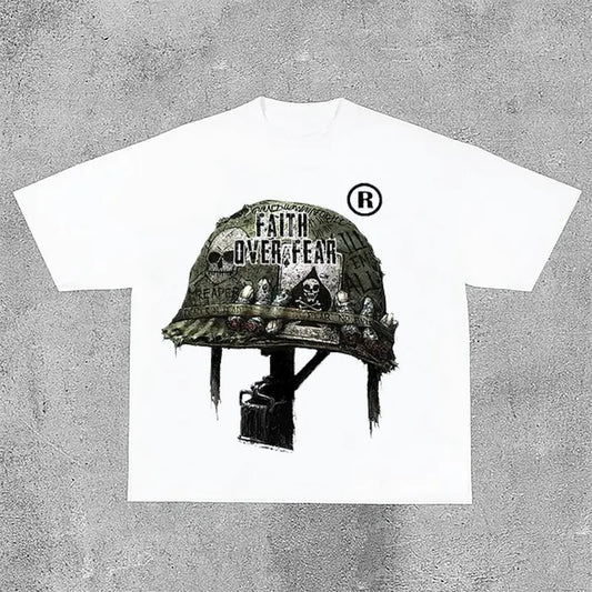 Sopula War Helmet Faith Over Fear Graphic Print Cotton T-Shirt