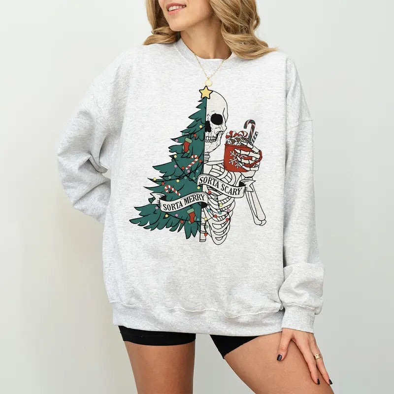 Sorta Merry Sorta Scary Crewneck Sweatshirt, Skeleton Christmas Sweater, Festive Holiday Sweatshirt, Funny Xmas Shirt, Ugly Xmas Sweater, Funny Christmas Sweatshirt