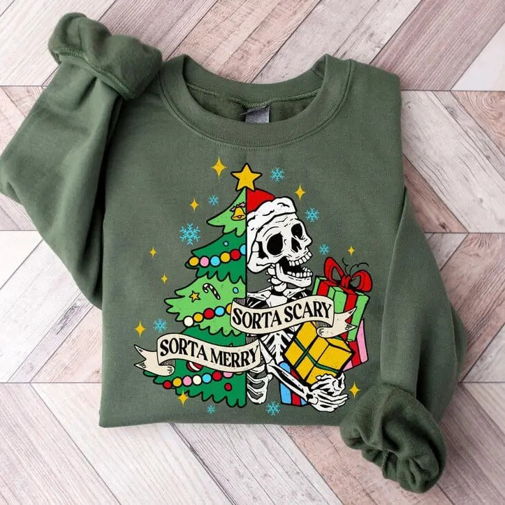 Sorta Merry Sorta Scary Sweatshirt, Funny Christmas Shirt, Cute Spooky Season Shirt, Christmas Skeleton Shirt, Funny...