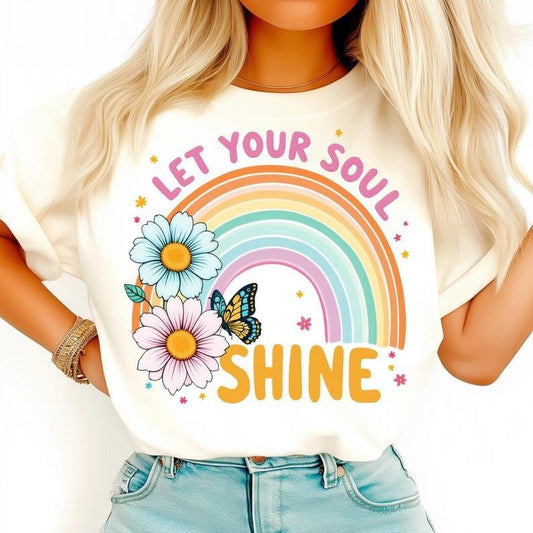 Soul Shine Tshirt, Rainbow Shirts, Daisy Gifts, Positive Vibes Tee, Butterfly Art Shirt, Inspirational T-Shirt, Colorful...