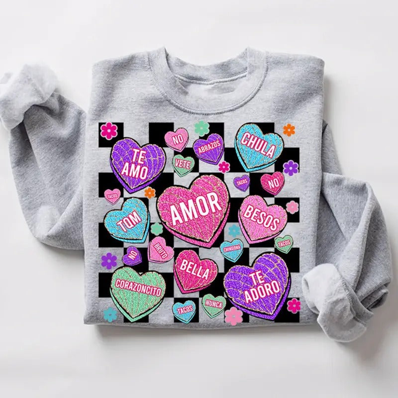 Spanish Candy Heart Conchas Valentine's Day Sweatshirt Casual Fabric T-Shirts, Hoodie | InkThreadWorks.com