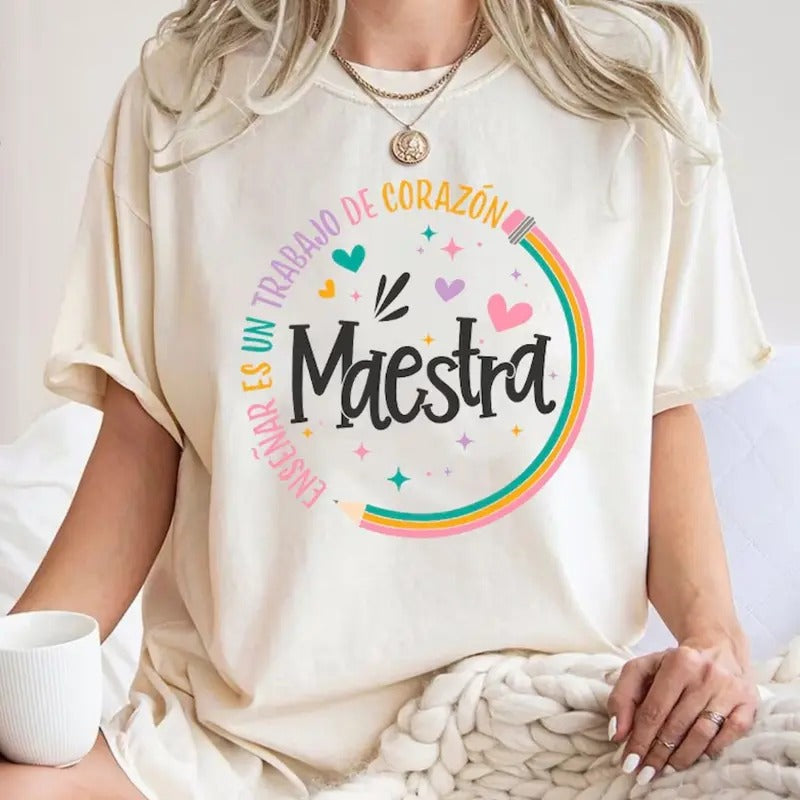 Spanish Teacher Rainbow Pencil Shirt, Teach Shirt, Faux Sequins Teacher Sparkly Shirt, Maestra shirt Hoodie, Sweatshirt
