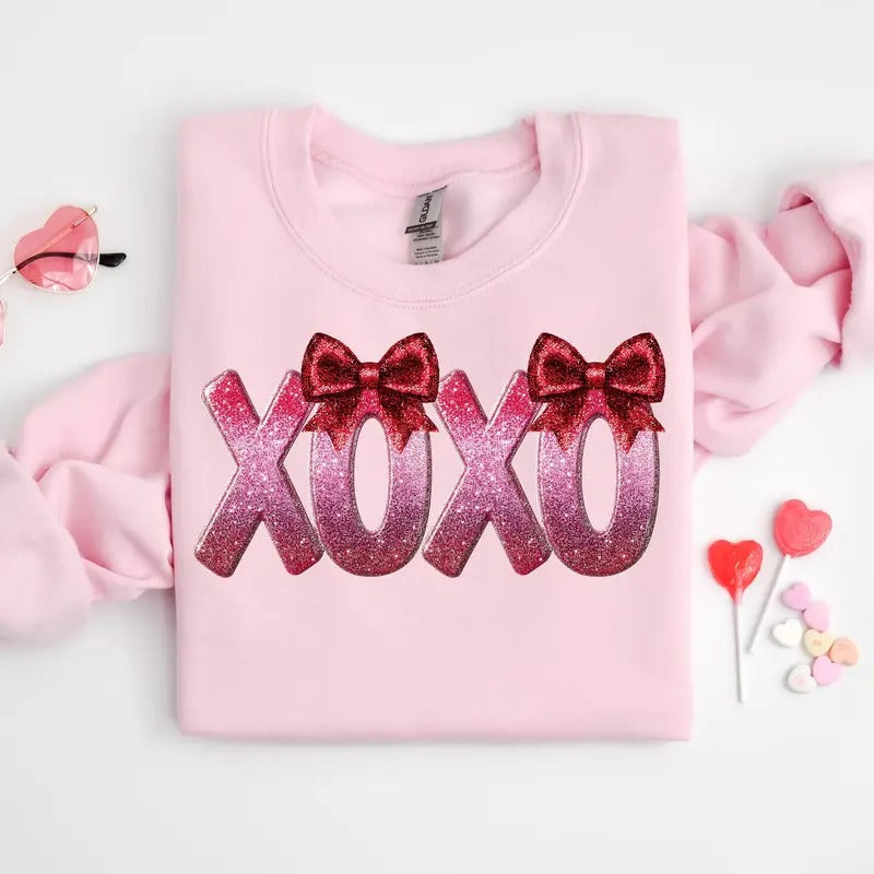 Sparkly Valentines Day Shirt Sweatshirt, Coquette Valentines Day Sweatshirt Xoxo Sweatshirt, Pink Red Faux Not Glitter...