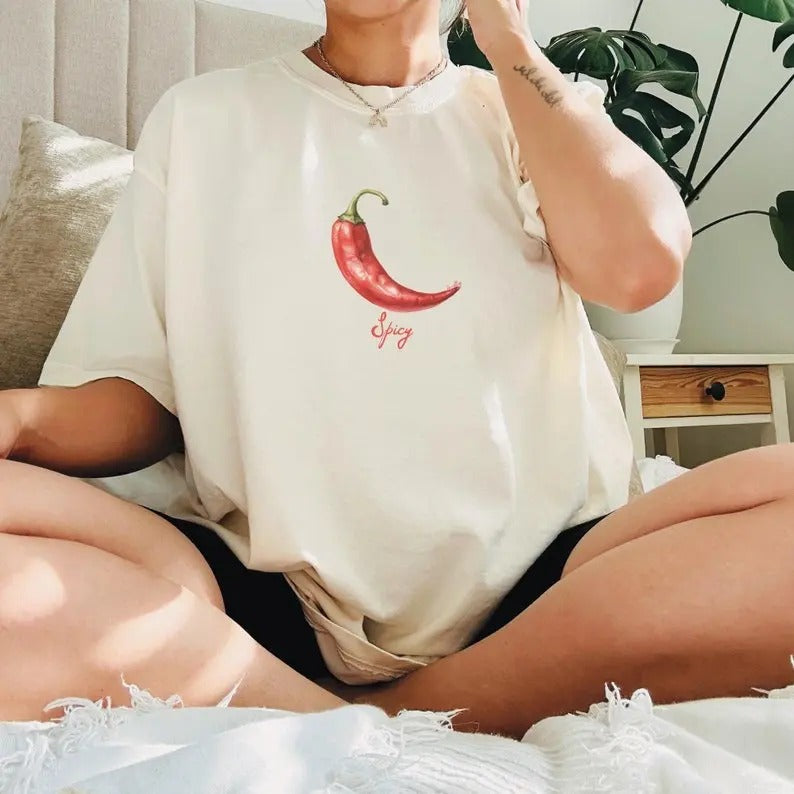 Spicy Pepper Art Graphic Comfort Color T-Shirt, Jalapeno, Margarita, Cool Girl Aesthetic, Food Gift Fabric Top Womenswear Garment Soft Traditional Cotton Tshirt