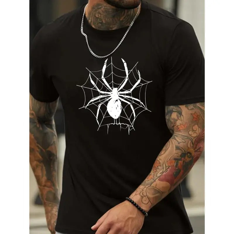 Spider Print T Shirt, Tees For Men, Casual Short Sleeve T-shirt For Summer Made in USA