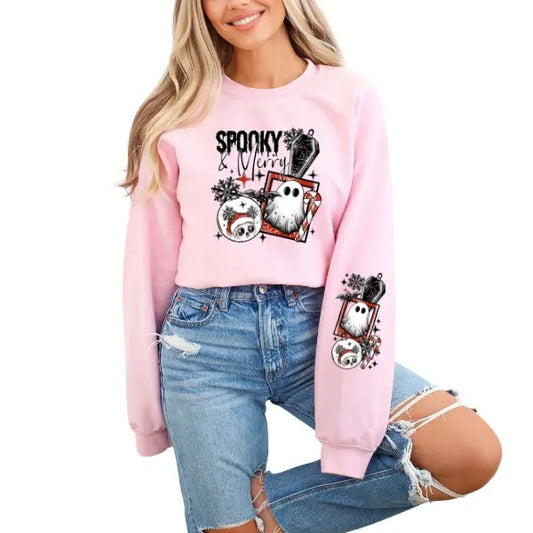 Spooky & Merry Theme Sweatshirt - Full Sleeve Graphics with Snowman, Halloween Theme, Candy Canes & Snowflakes | Dark but Cute Streetwear with Edgy HallowChristmas Vibe | Unique Holiday Design with Framed Elements | Perfect for a Festive yet Spooky Look