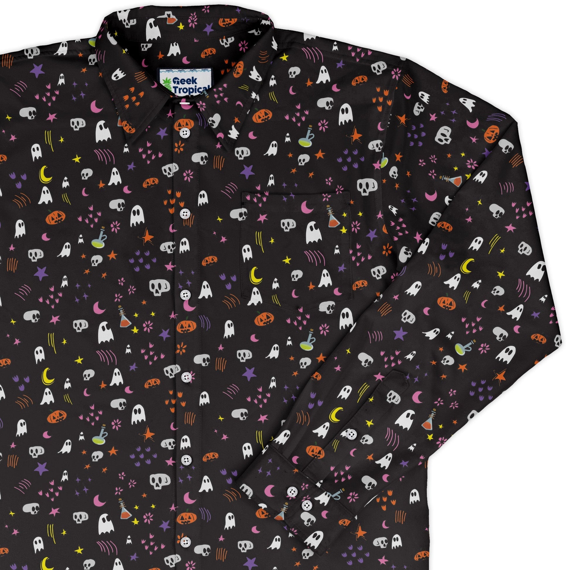 Spooky Doodles Long Sleeve Button Up Shirt