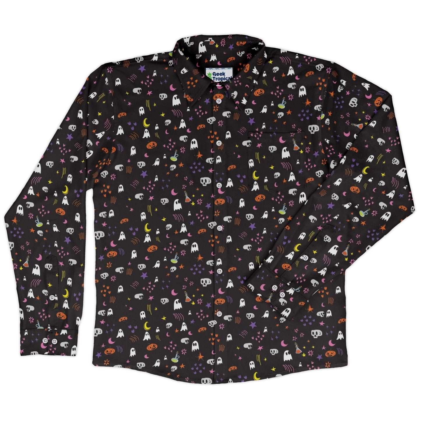 Spooky Doodles Long Sleeve Button Up Shirt