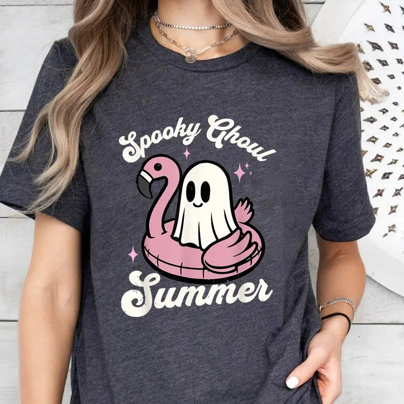 Spooky Ghoul Summer, Cute Ghost Shirt, Flamingo Shirt, Funny Summer Shirt, Summer Vibes, Beach Vibes,  Gift for Her