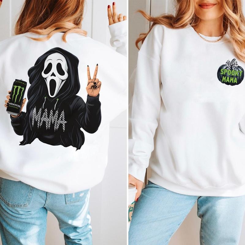 Spooky Mama Ghost with M0n.ster Black Hoodie 2 Sides Sweatshirt, Halloween Monster Lover Fall Shirt,Gh0st.face Halloween...