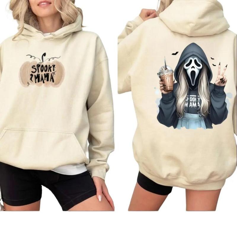 Spooky Mama Hoodie, Holding Iced Coffee Graphic Hoodie, Fun Halloween Horror Apparel, Trendy Fall Season Style, Unisex Fit for Men & Women