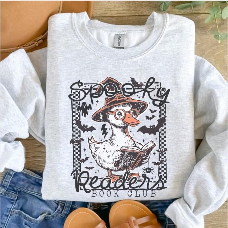 Spooky Reader Goose Sweatshirt - Ash Grey - Halloween Sweatshirt T-Shirts, Hoodie | InkThreadWorks.com