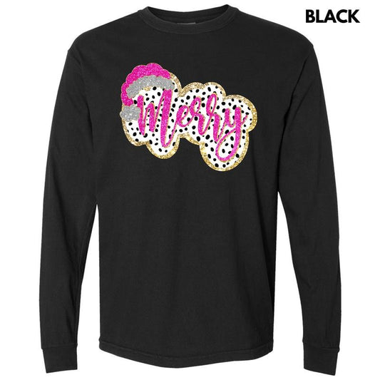 Spotted Faux Glitter MERRY Long Sleeve Comfort Colors T-Shirt 'NLB' Hoodie, Sweatshirt | InkThreadWorks.com