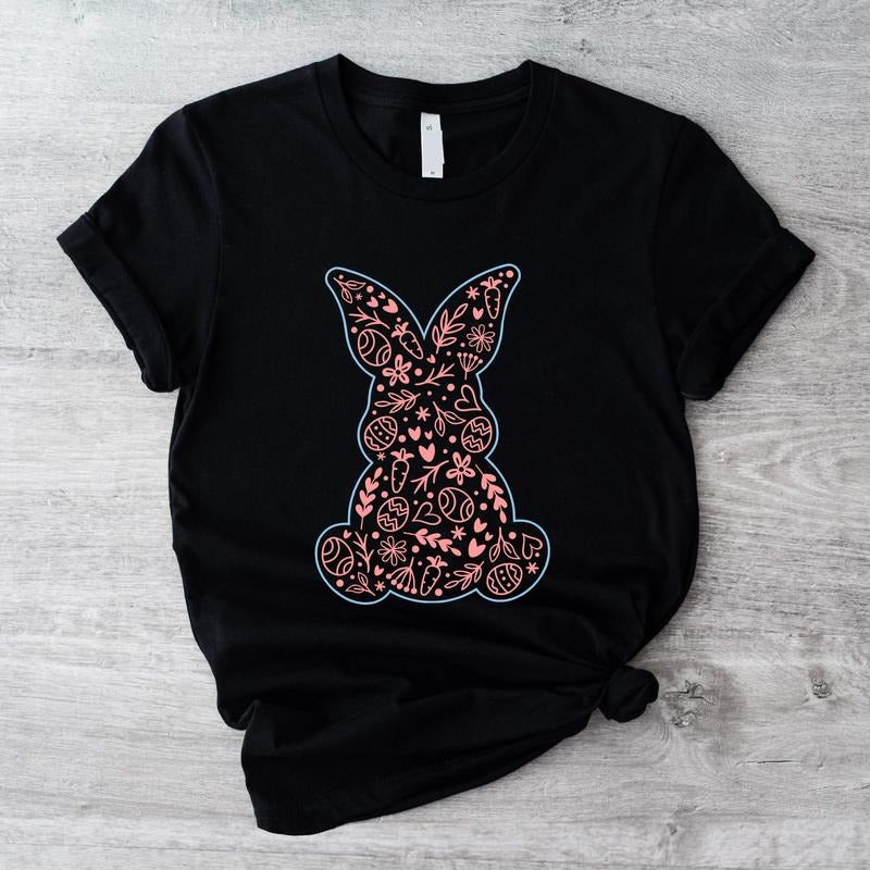 Spring Floral Bunny Shirt, Floral Rabbit T-shirt, Easter Vibes Gift Tee For Woman, Cute Flower Animal Short Sleeve, Natural Lover Tee.
