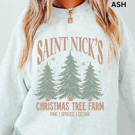 St. Nick's Christmas Tree Farm Crewneck, Christmas Sweatshirt, Winter Season Graphic, Casual Cotton Crewneck, Polyester, Oversized