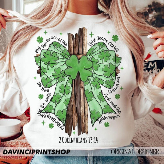 St Patrick's Day Shamrock Holy Trinity - 2 Corinthians 1314 St Patrick's Coquette Bow St Patrick's Day Bible Verse s...
