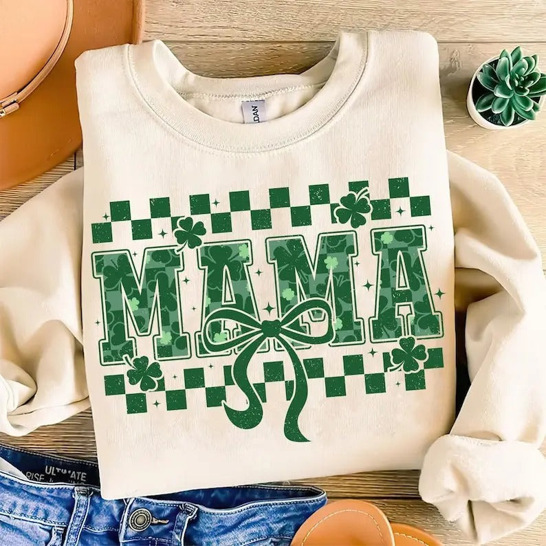 St Patricks Day tshirt-sweatshirt-hoodie, Mama St Patricks sweatshirt, Mama Varsity Shamrock Coquette, Coquette Bow...
