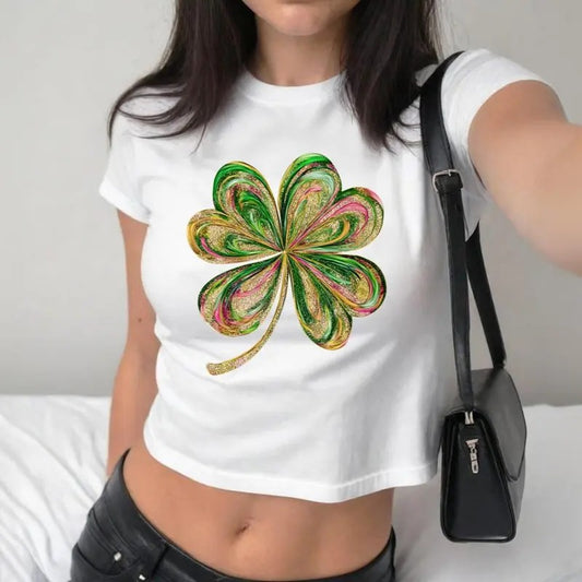St. Patrick's Day Graphic Shamrock Baby Tee, Four Leaf Clover Graphic Gift, St. Patty's Day Sequin Style, DTF Transfer for Crafts